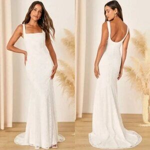 Lulus Eternal Happiness White Lace Square Neck Mermaid Dress Wedding Medium NWOT